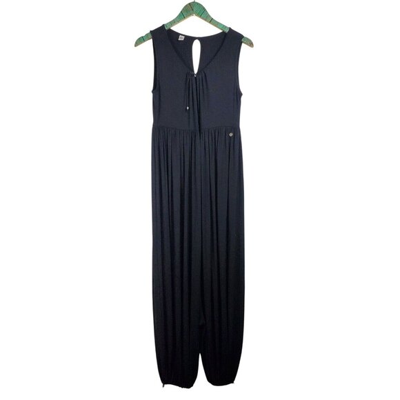 Que Pants - Que Women's Black Drop Crotch Sleeveless Drawstrings V-Neck Jumpsuit Size 6 NWOT